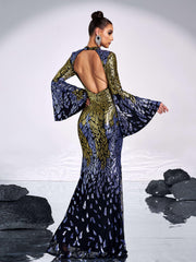 Backless Bell Sleeve Sequin Formal Dress XH2425