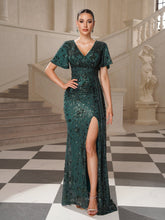 Floral Draped Sequin Split Prom Dress GM010157