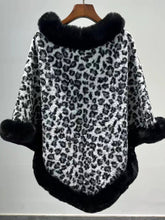 Leopard Print Faux Fur Trim Knitted Poncho Shawl MSF037