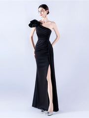 One Shoulder Flower Pleated Draped Prom Dress MYN1002