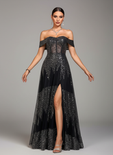 Black Off Shoulder Sequin A-line Prom Dress RX70435