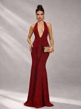 Burgundy Plunge Halter Mermaid Evening Dress ST59001