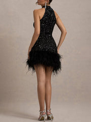 Black Sleeveless Sequin Feather Mini Party Dress XF251194