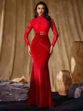 Red Long Sleeve Lace Velvet Prom Dress XF251241