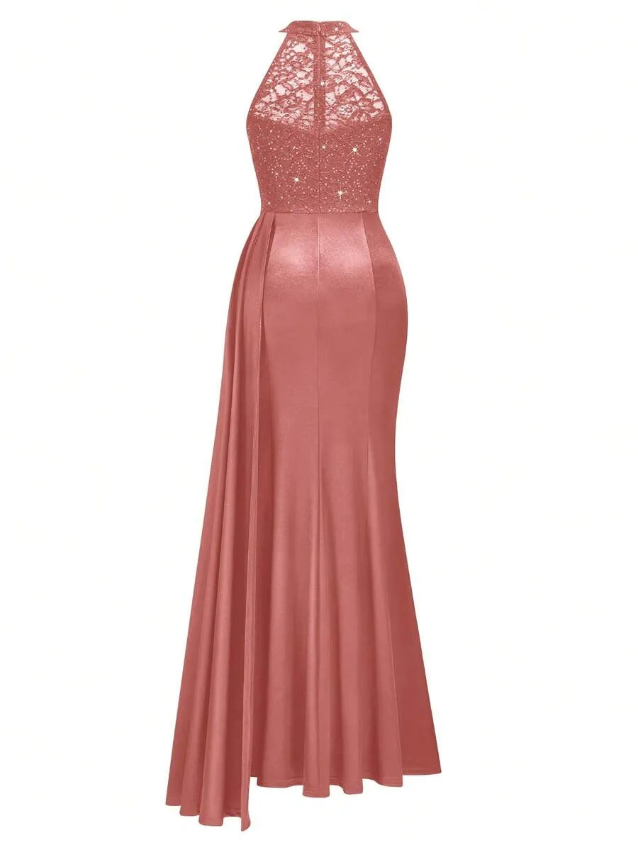 Halter Neck Sequin Lace Satin Draped Side Slit Maxi Evening Dress