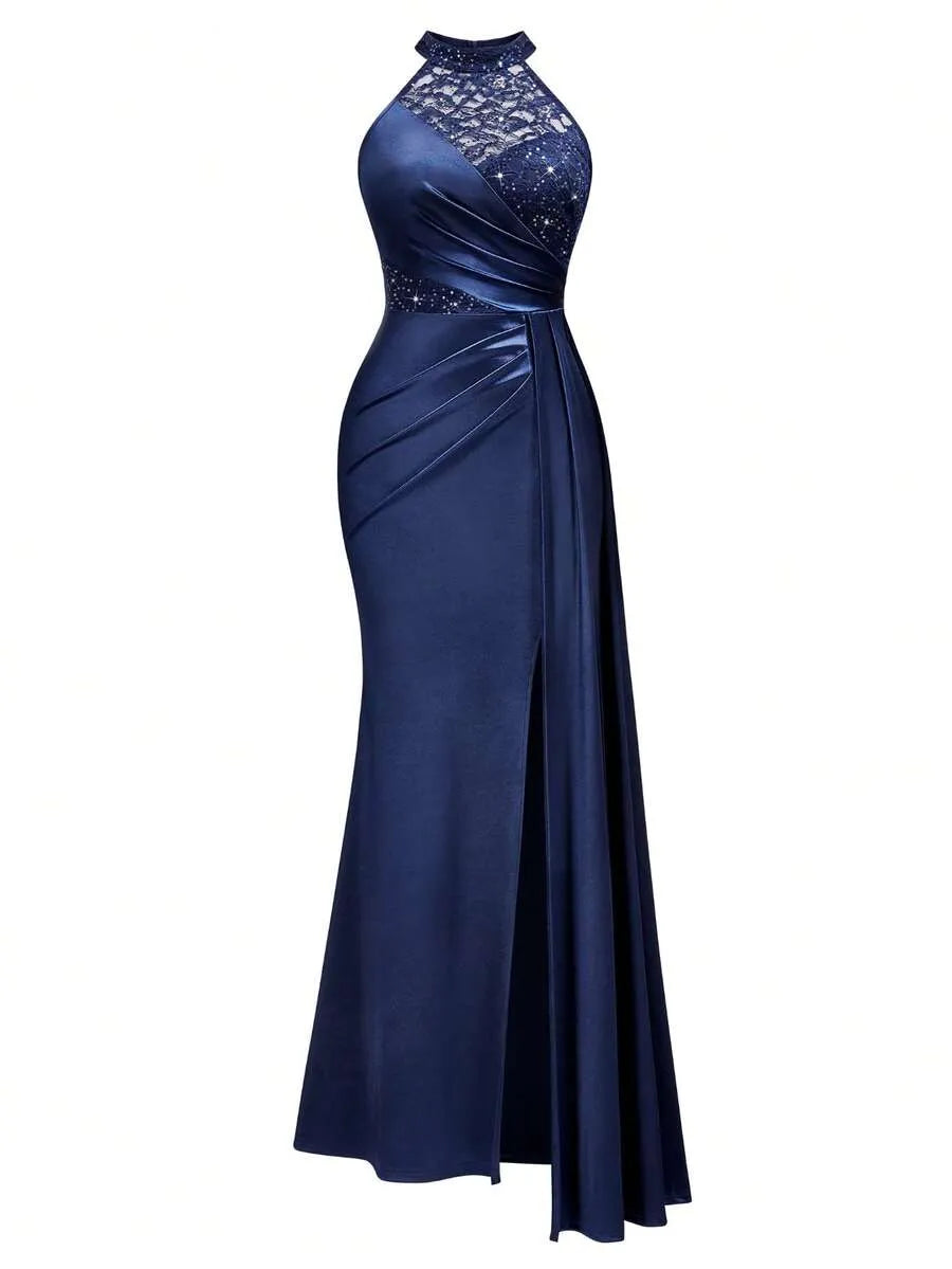 Halter Neck Sequin Lace Satin Draped Side Slit Maxi Evening Dress