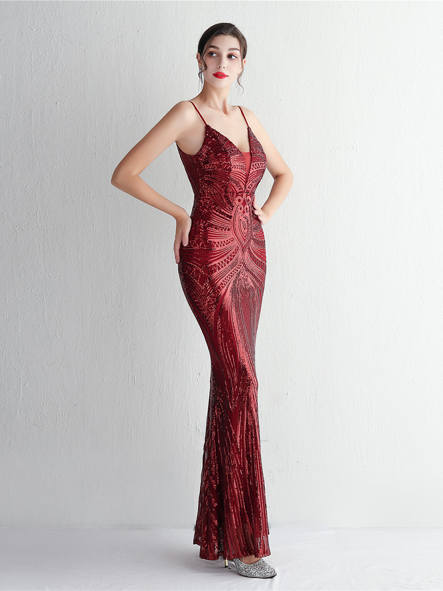 Formal Deep V Neck Spaghetti Sequin Evening Gown M02188