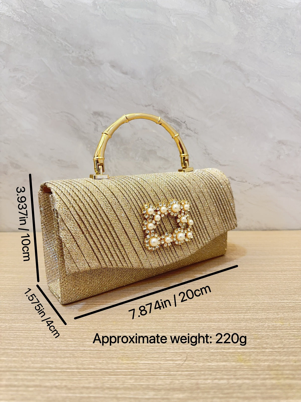 Diagonal Ribbed Pearl Embellishment Clutch MNBF140