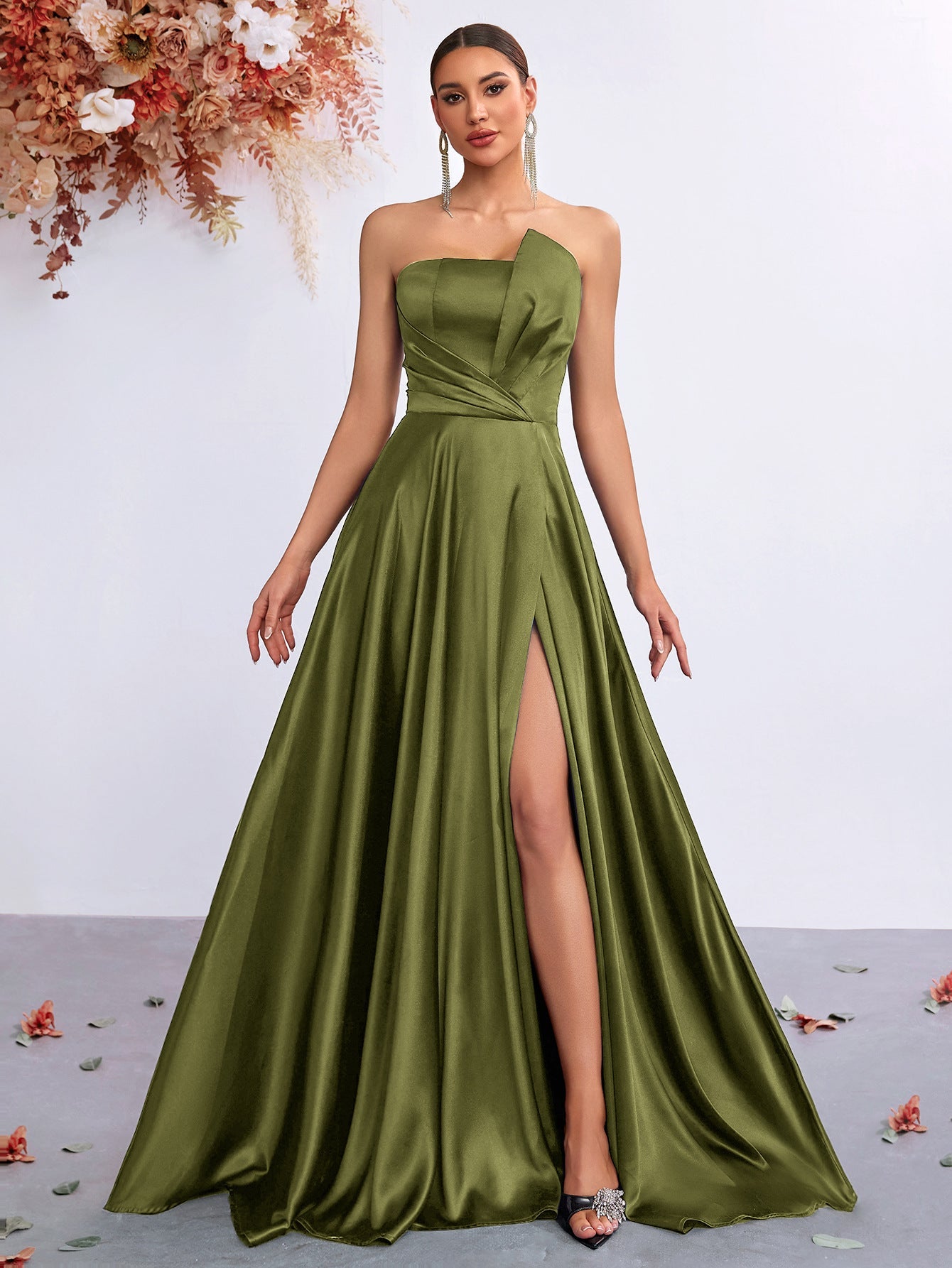 Olive Strapless Folds Satin A-Line Evening Dress XF251345