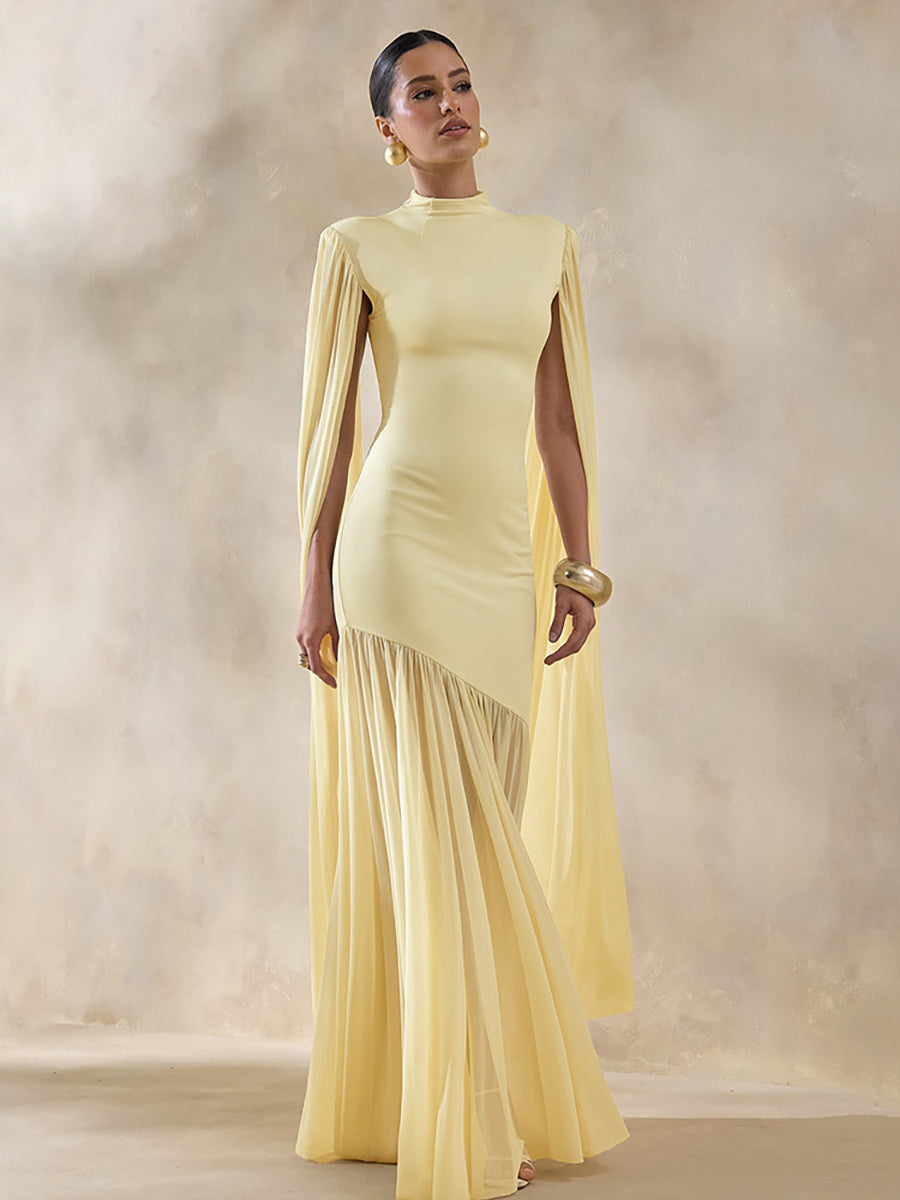 High Neck Cape Sleeve Asymmetric Pleated Maxi Dress XF251354