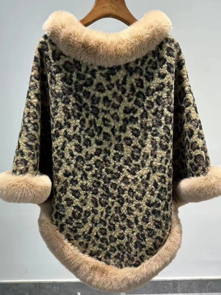 Leopard Print Faux Fur Trim Knitted Poncho Shawl MSF037