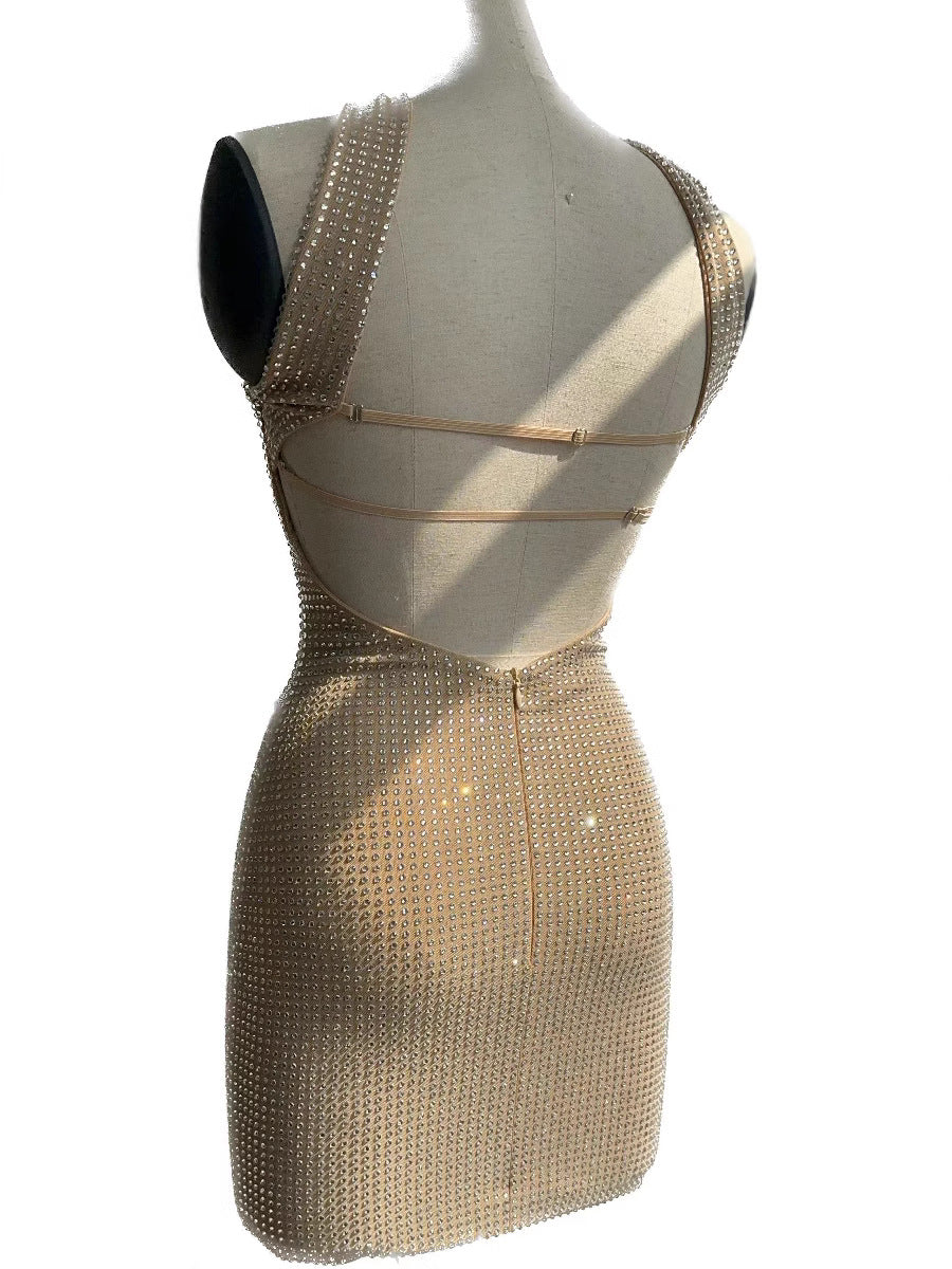 Nude Choker Strapless Rhinestone Bodycon Mini Party Dress XF251361