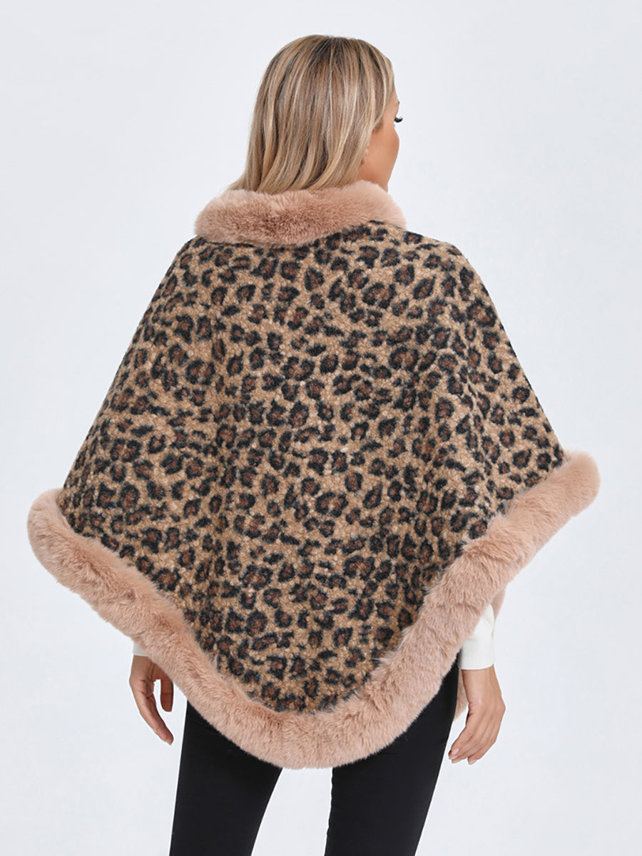 Leopard Print Faux Fur Trim Knitted Poncho Shawl MSF037