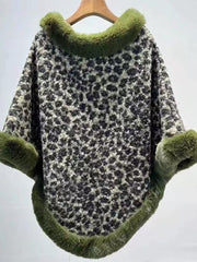 Leopard Print Faux Fur Trim Knitted Poncho Shawl MSF037