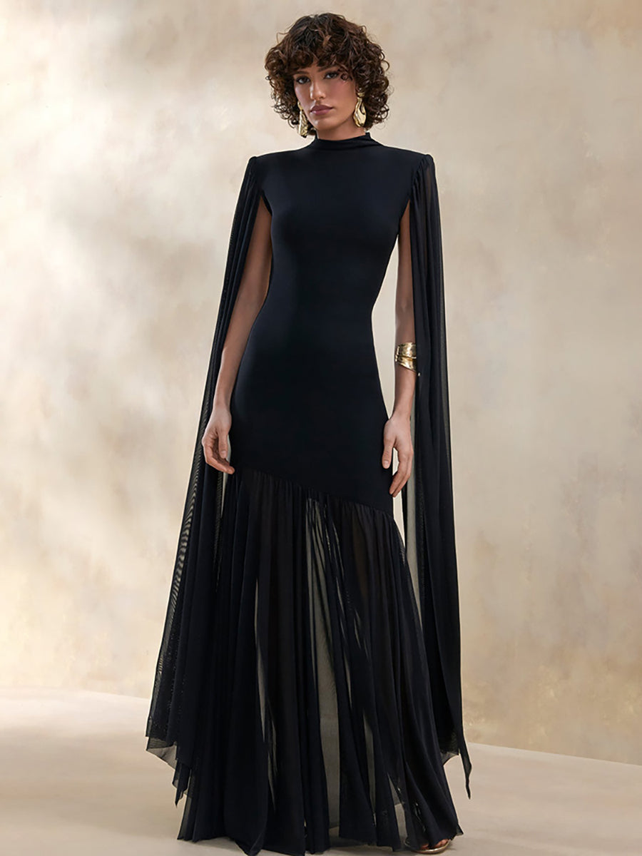 High Neck Cape Sleeve Asymmetric Pleated Maxi Dress XF251354