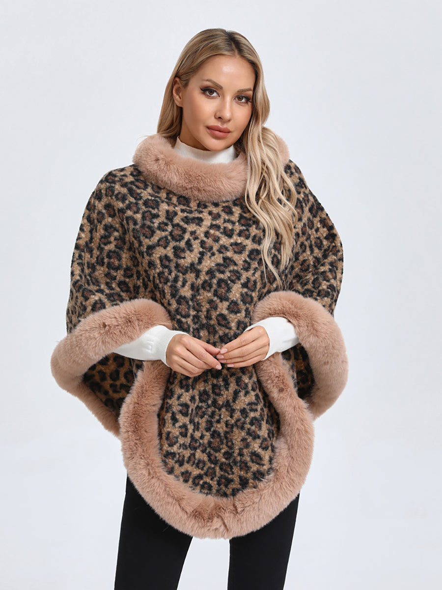 Leopard Print Faux Fur Trim Knitted Poncho Shawl MSF037