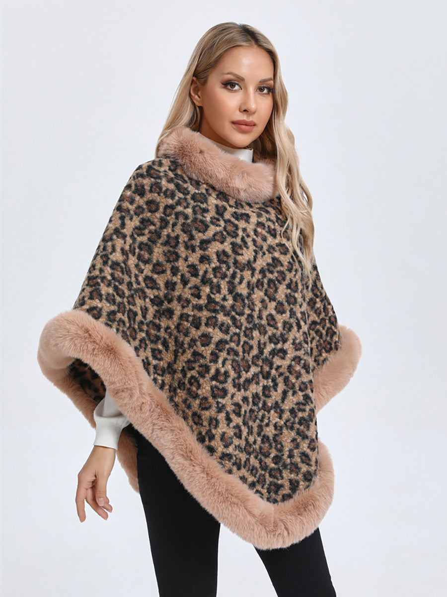 Leopard Print Faux Fur Trim Knitted Poncho Shawl MSF037
