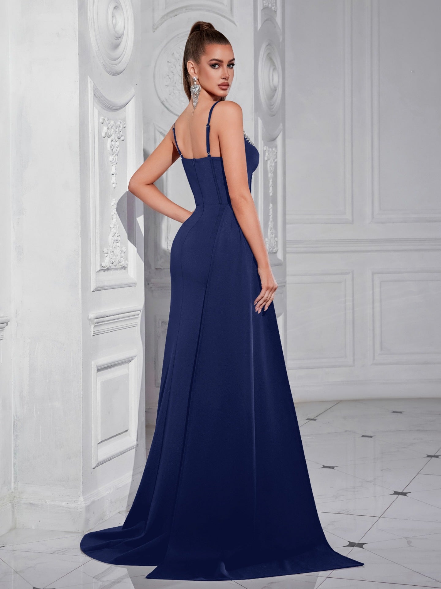 Navy Sweetheart Neck Corset Split Evening Dress XF05703
