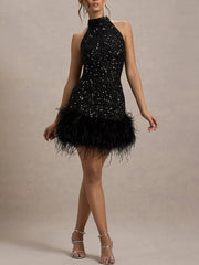 Black Sleeveless Sequin Feather Mini Party Dress XF251194
