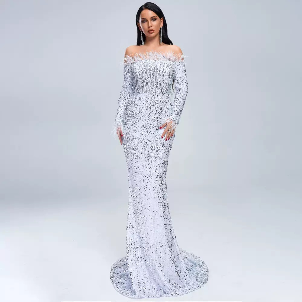Off Shoulder Feather Sequin Evening Dress FT19005