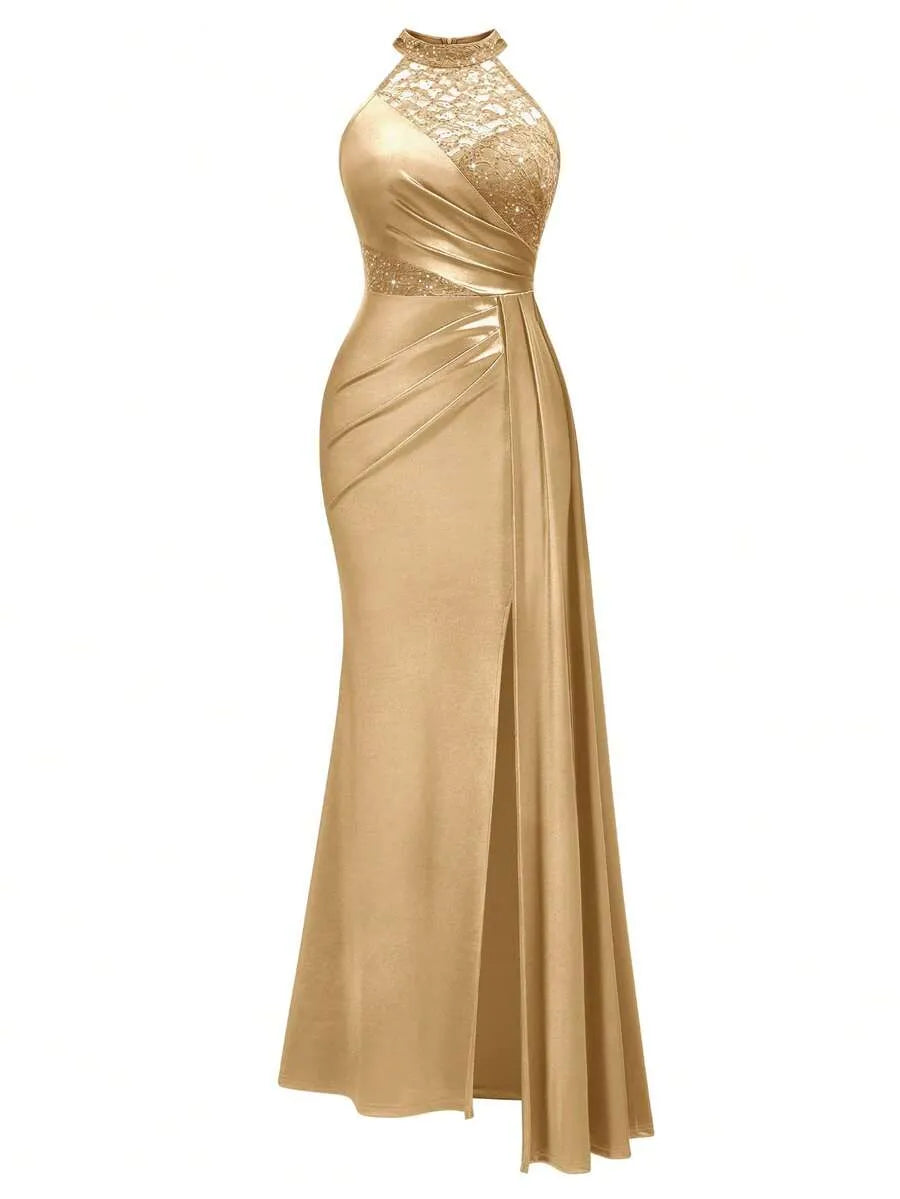 Halter Neck Sequin Lace Satin Draped Side Slit Maxi Evening Dress