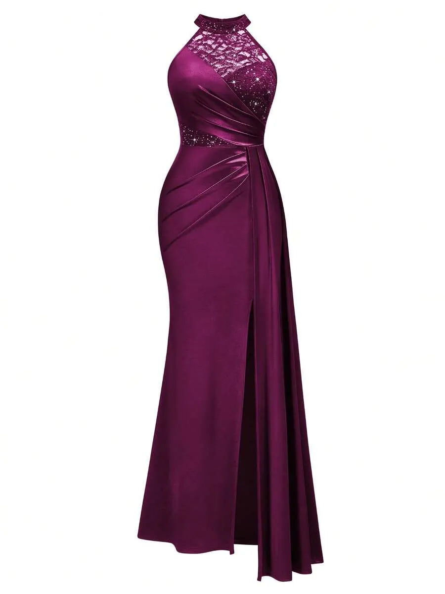 Halter Neck Sequin Lace Satin Draped Side Slit Maxi Evening Dress