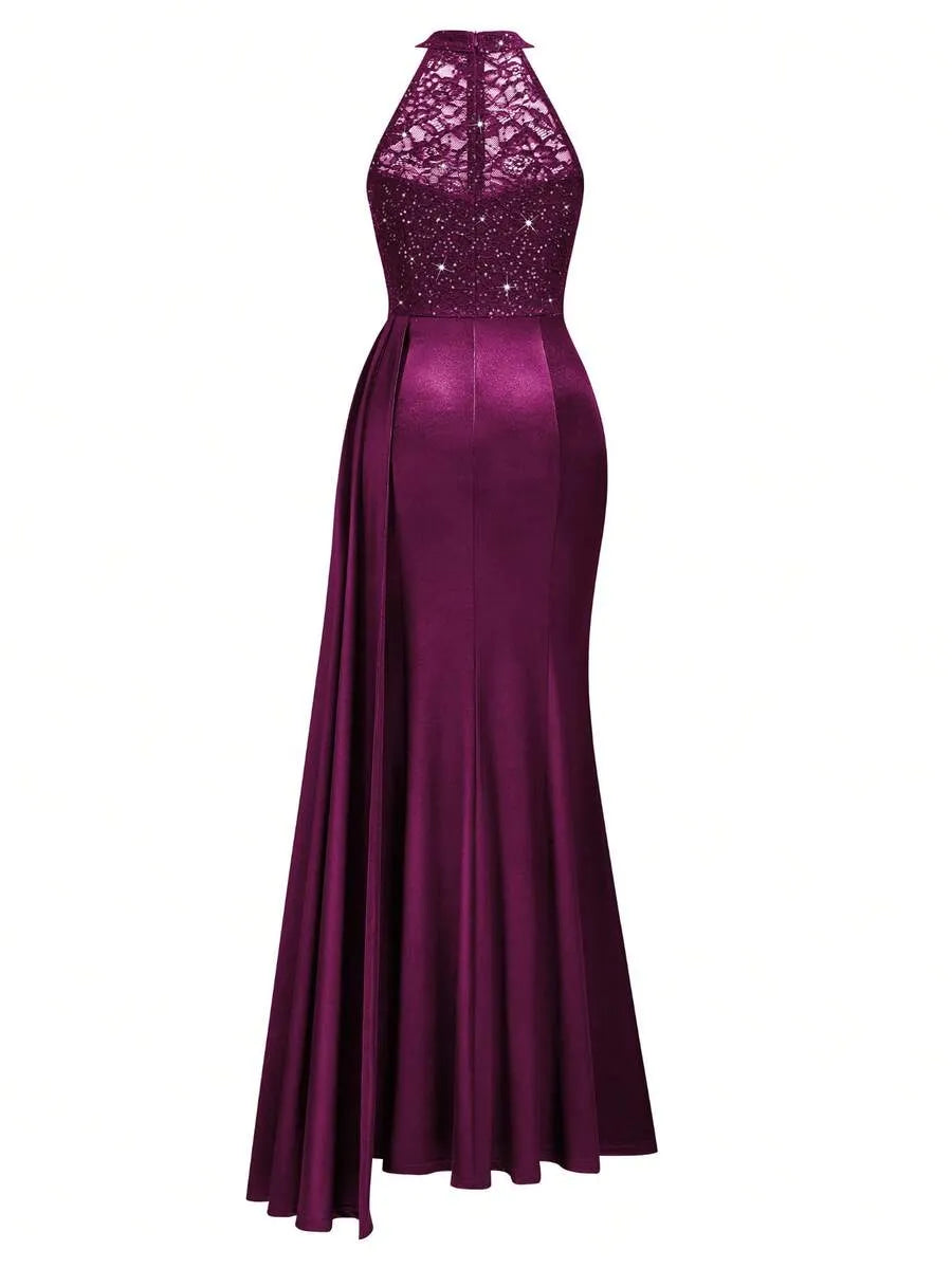 Halter Neck Sequin Lace Satin Draped Side Slit Maxi Evening Dress
