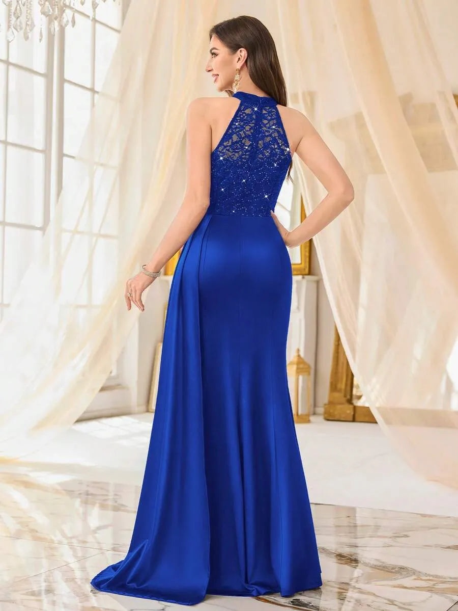 Halter Neck Sequin Lace Satin Draped Side Slit Maxi Evening Dress
