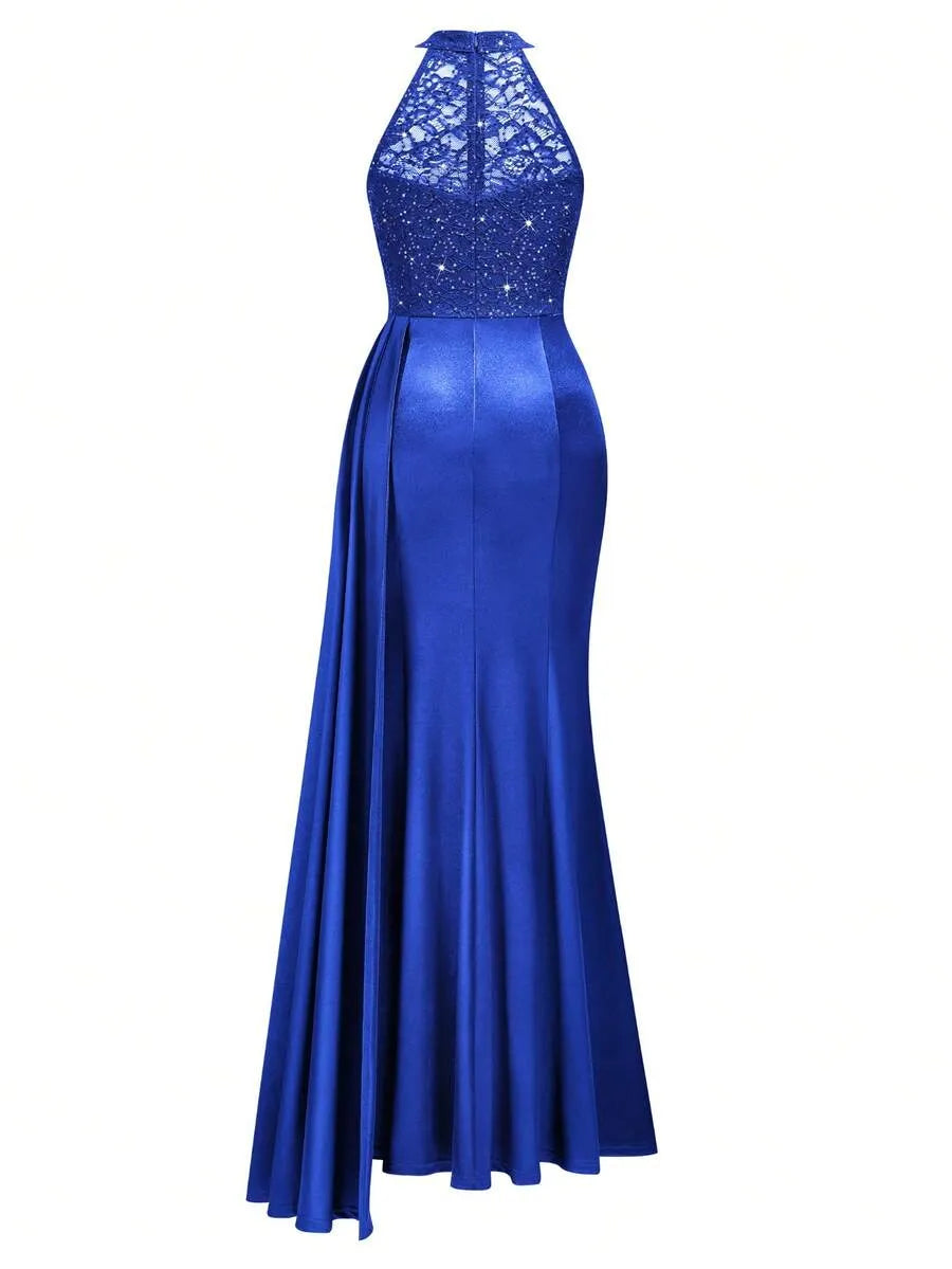 Halter Neck Sequin Lace Satin Draped Side Slit Maxi Evening Dress